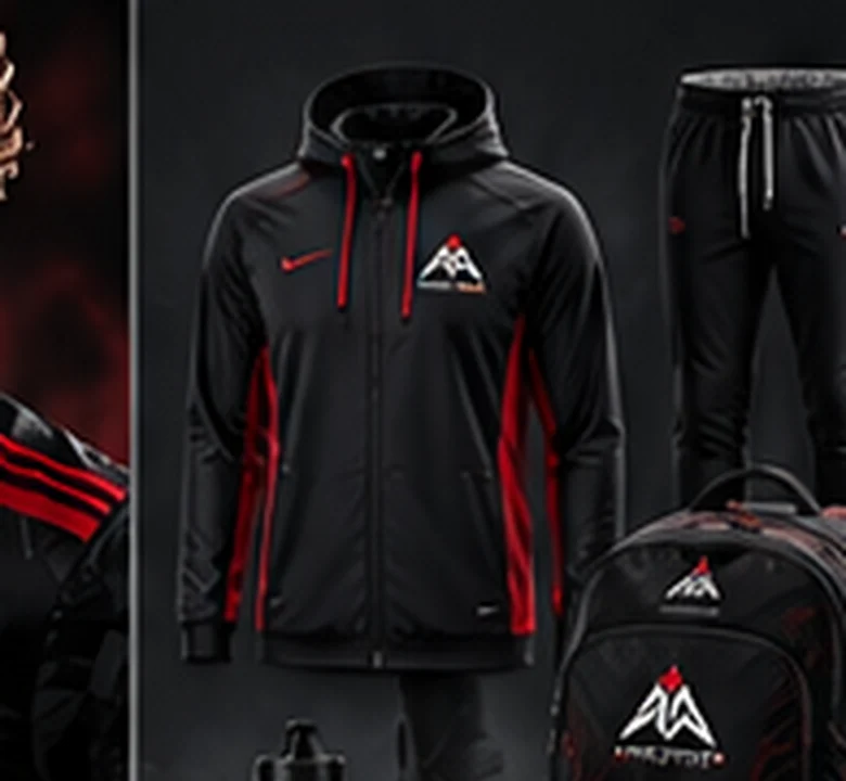Black and red jacket, warm-up apparel and bag concepts