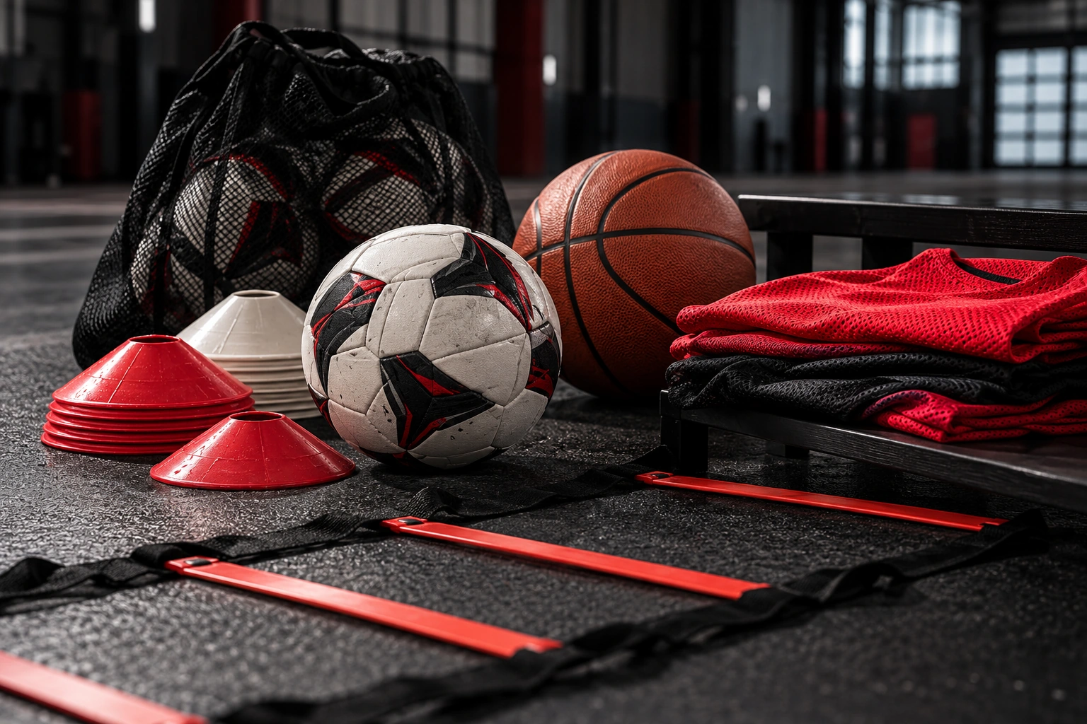 Illustrative balls, marker cones, mesh training pinnies and an agility ladder